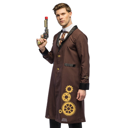 Speelgoedpistool Steamcarbine met de loop omhoog, rode dop en goudkleurige leidingen langs de buis