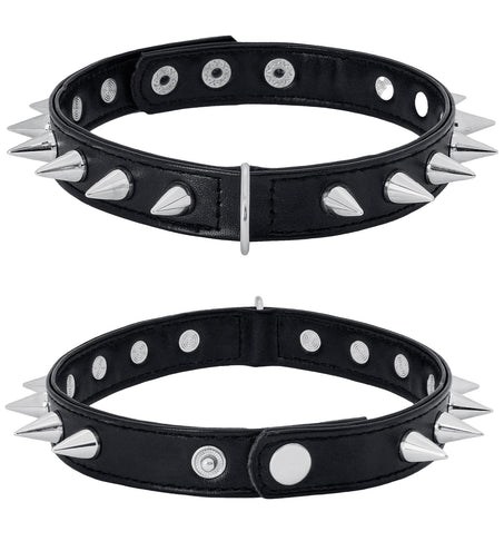 Spikes choker zwart met zilverkleurige punten, drukknoopsluiting en metalen ring