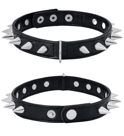 Spikes choker zwart met zilverkleurige punten, drukknoopsluiting en metalen ring