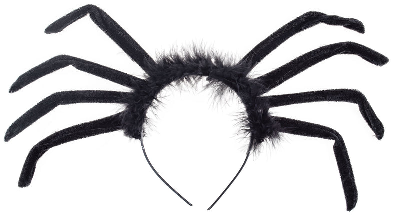 Spin diadeem met acht lange zwarte velourspoten en pluizige krans voor Halloween
