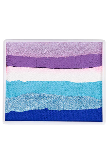Splitcake schmink met zes banen in lila, paars, wit, turquoise, glitterblauw en kobaltblauw, 50 gram