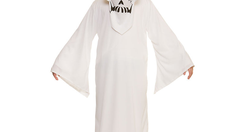 Spoken kostuum kids: lang wit gewaad met capuchon, wijde mouwen en doodskopmasker voor Halloween