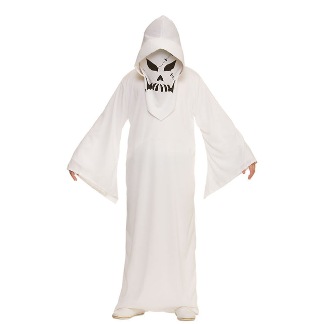 Spoken kostuum kids: lang wit gewaad met capuchon, wijde mouwen en doodskopmasker voor Halloween