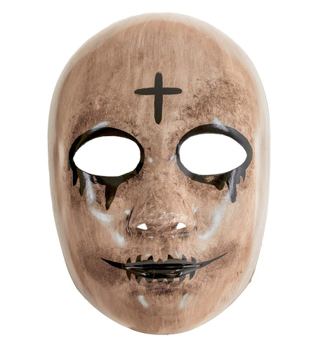 Spook masker in bruin-beige met zwart kruis op het voorhoofd en punttanden, voor Halloween