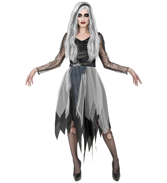 Spookachtig geest kostuum dames in grijs en zwart met gerafelde tulen rok voor Halloween