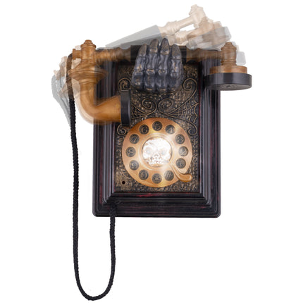 Spooktelefoon animatronic in werking: bewegende hoorn en oplichtende schedel voor je Halloweendecoratie