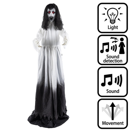 Staande decoratie Ghost widow pop-up met rode ledogen en wit-zwarte jurk voor Halloween