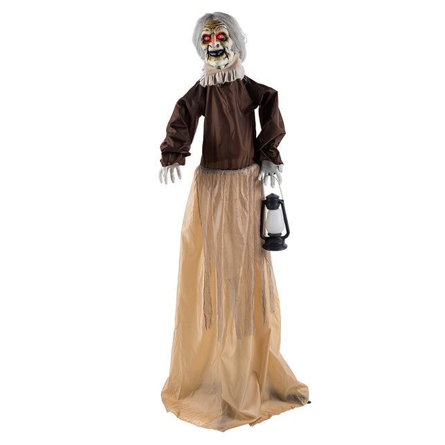 Staande heks Lantern witch met oplichtende rode ogen en zwarte lantaarn in de hand
