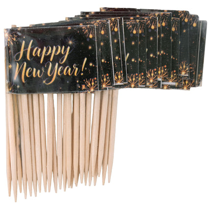 Stapel prikkers met zwart-gouden Happy New Year vlaggetjes en spitse stokjes