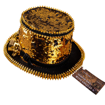 Steampunk hoed met bril van boven, spikes langs de volledige hoedrand