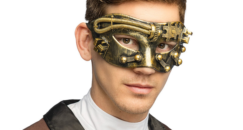 Steampunk oogmasker Steamforce brons met tandwielen, gedragen door man bij steampunkoutfit