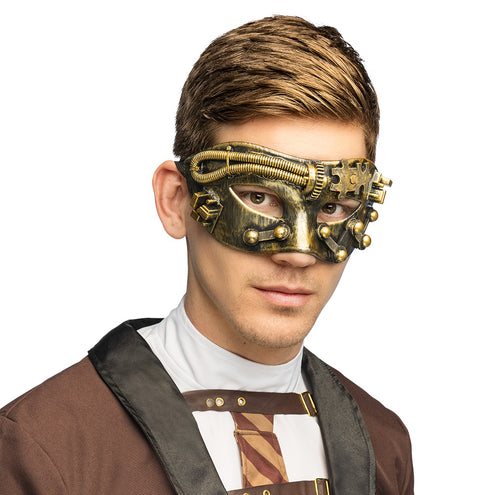 Steampunk oogmasker Steamforce brons met tandwielen, gedragen door man bij steampunkoutfit