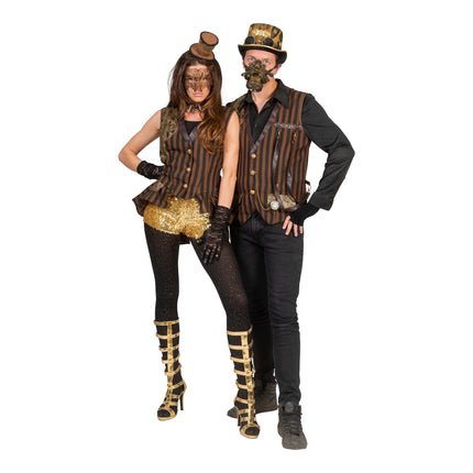 Steampunk pak Anne voor dames naast een gestreept herengilet, als duo-look voor carnaval