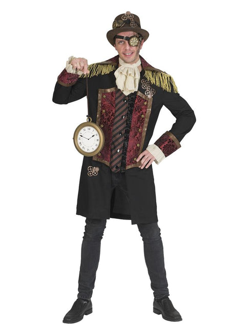 Steampunk pak Stefan heren met zwarte lange jas, gouden schouderfranje en bordeaux gilet voor carnaval