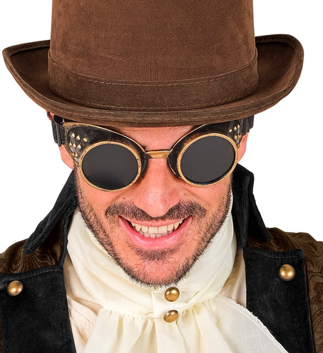 Steampunk stofbril antiek goud detail: goudkleurige rand rond twee ronde rookglazen