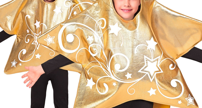 Ster goud kostuum kinderen met witte sterren en krullen, gedragen door jongen en meisje voor een kerstspel