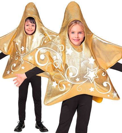 Ster goud kostuum kinderen met witte sterren en krullen, gedragen door jongen en meisje voor een kerstspel