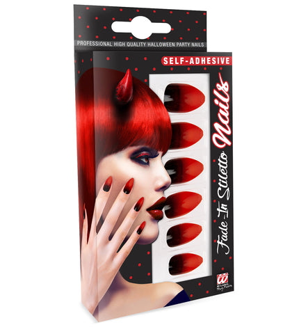Stiletto nagels rood zwart in verpakking van Widmann met zelfklevende nagels voor Halloween