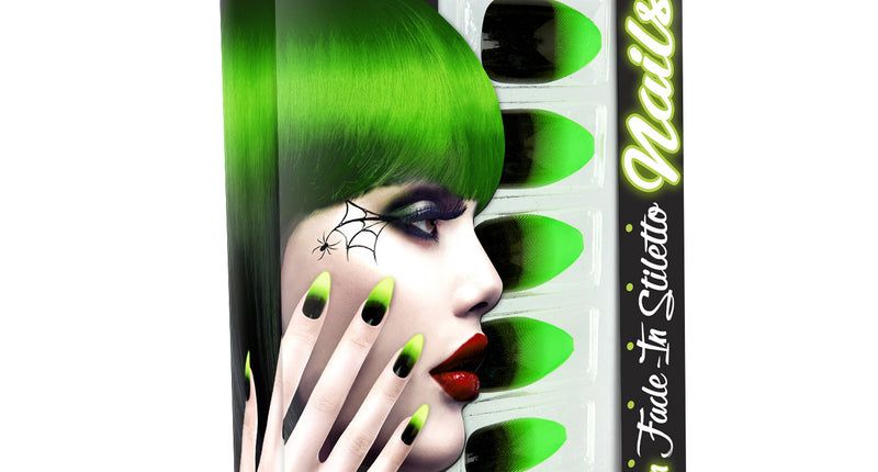 Stiletto nagels zwart neon groen in verpakking met zelfklevende plaknagels voor Halloween