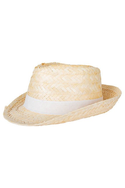 Strohoed Caribbean naturel van schuin opzij, trilbymodel met opgebogen rand voor een strandfeest