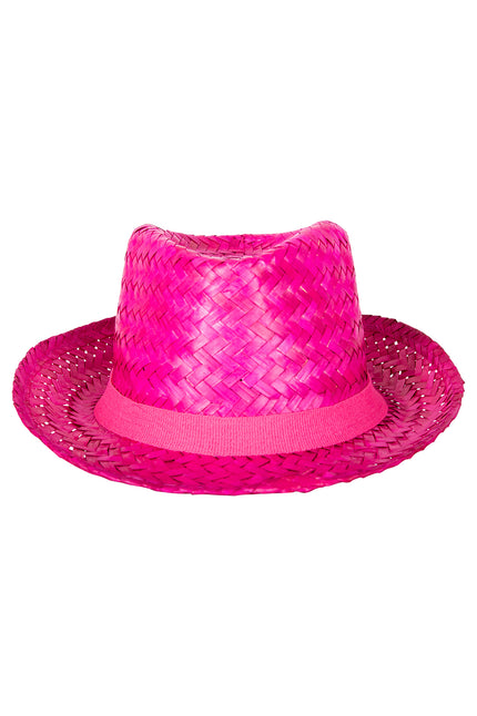 Strohoed Caribbean pink met ingedeukte bol, brede rand en roze band, vooraanzicht