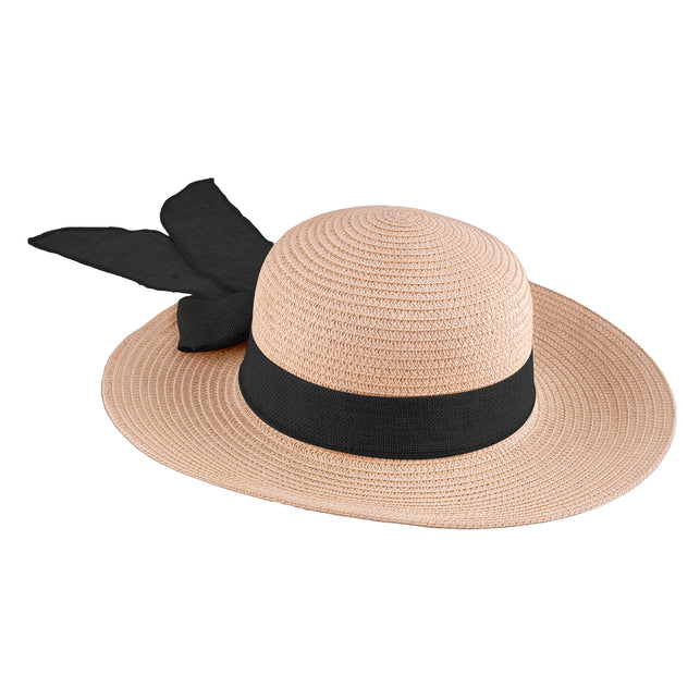 Strohoed dames met band in natuurbeige, brede slappe rand en zwarte stoffen band met strik