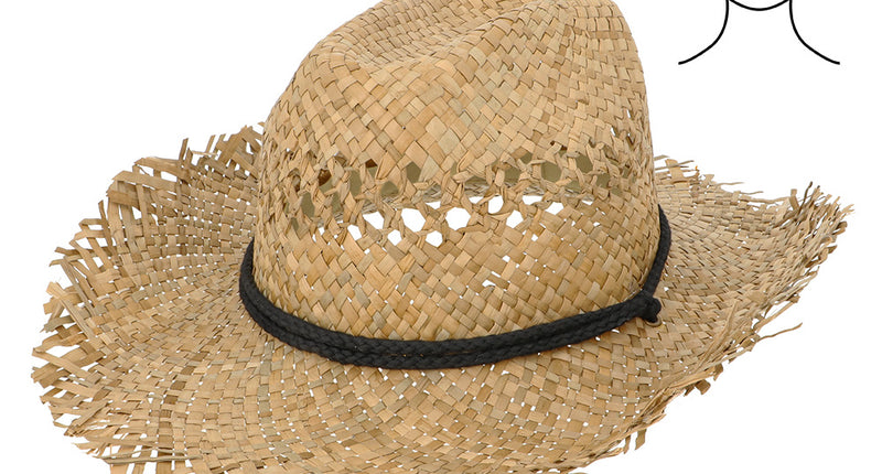 Strooien cowboyhoed Palm breeze in naturel met rafelige rand en zwart gevlochten koord rond de bol