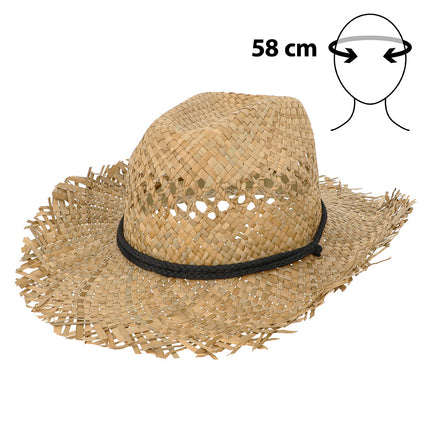 Strooien cowboyhoed Palm breeze in naturel met rafelige rand en zwart gevlochten koord rond de bol