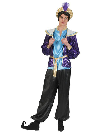 Sultan pak Munad heren met paars metallic gilet, lichtblauwe tuniek en zwarte wijde broek voor carnaval