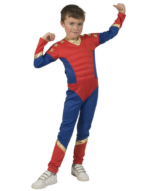 Super Power pak Thomas jongen, rood met blauwe jumpsuit met gouden sterren en spierreliëf, voor carnaval