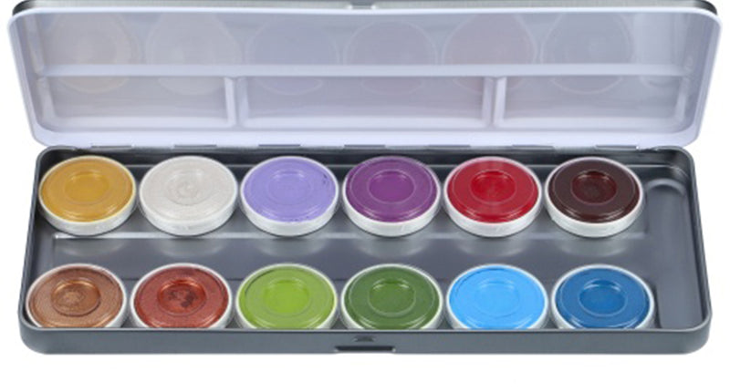 Superstar schmink palet met twaalf kleuren in een open metalen doos, voor dieren- en sprookjeslooks