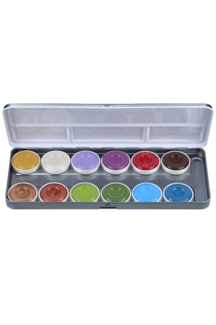 Superstar schmink palet met twaalf kleuren in een open metalen doos, voor dieren- en sprookjeslooks