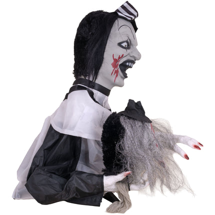 Tafelclown animatronic van 55 cm van de zijkant, zwart-wit gewaad met geplooide kraag