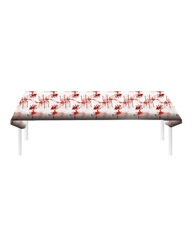 Tafelkleed met print bloederige handen in wit met rode handafdrukken, over een tafel gelegd voor Halloween