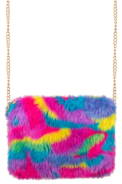 Tasje pluche regenboog met fel roze, paarse en gele vlekken en goudkleurige schakelketting
