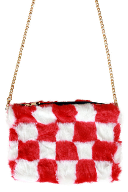 Tasje rood-wit geblokt met groot blokpatroon in zachte pluche en goudkleurige schakelketting voor carnaval