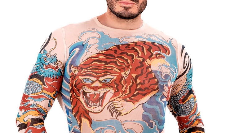 Tattoo shirt tijger en draak met oranje tijger op de borst en blauwe draken op de mouwen, voor heren