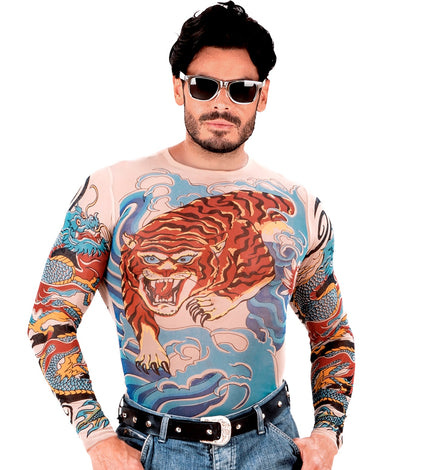 Tattoo shirt tijger en draak met oranje tijger op de borst en blauwe draken op de mouwen, voor heren