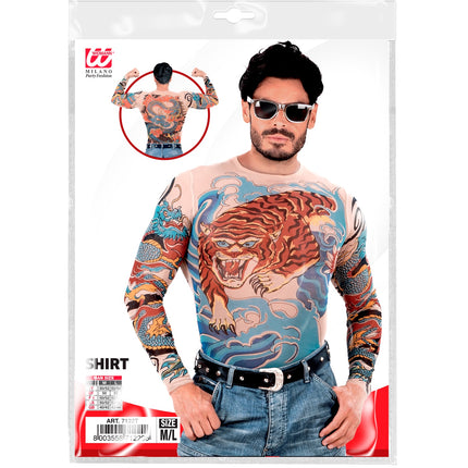 Tattooshirt tijger en draak in de verpakking van Widmann met maataanduiding M en L