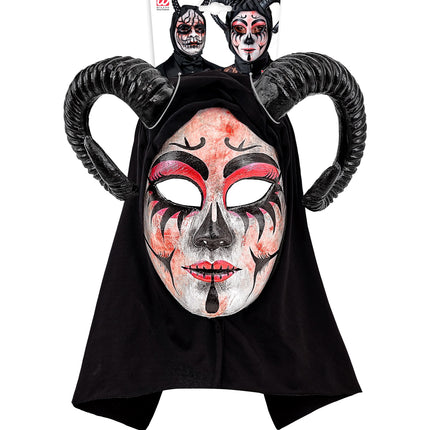 Theatermasker duivel Evi in verpakking, wit masker met rood-zwarte lijnen en zwarte hoorns