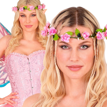 Tiara bloemen roze gedragen bij een elfenlook met vlechtjes, roze bloemen op het voorhoofd