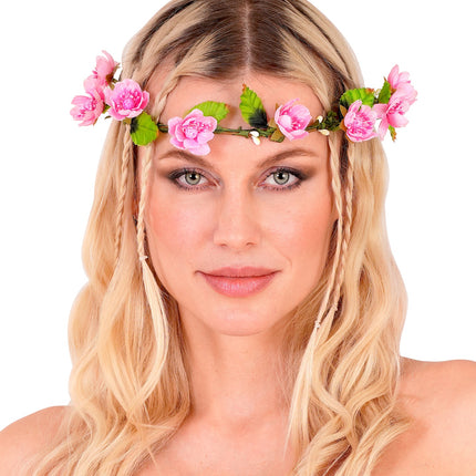 Tiara bloemen roze op het voorhoofd gedragen, acht roze bloesems met groene blaadjes