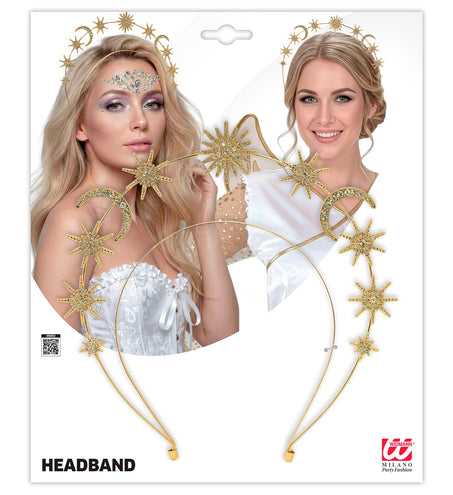 Tiara mystiek voor dames in verpakking, gouden halo-haarband met sterrenmotief
