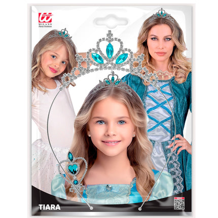 Tiara strass met blauw edelstenen in verpakking, kroontje met heldere strass voor een prinsessenfeest