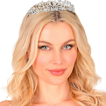 Tiara strass voor dames op het hoofd gedragen, sierlijke zilveren kroon voor een sprookjesfeest