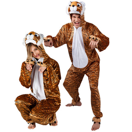 Tijgerpak volwassenen in bruin pluche met zwarte strepen, gedragen door twee personen op een dierenfeest