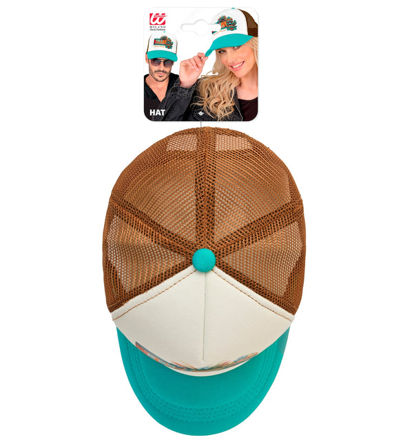Tiki pet bovenaanzicht met bruin mesh, witte panelen en turquoise knoop bovenop