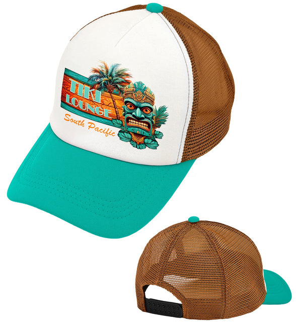 Tiki pet zomer party wit met turquoise klep, bruine meshachterkant en Tiki Lounge-print
