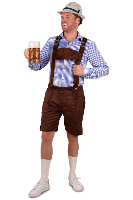 Tiroler blouse blauw/wit met fijne ruit en lange mouwen, gedragen door heer op Oktoberfest