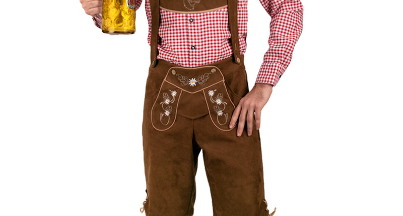 Tiroler broek kort bruin met bretels en witte edelweissborduursels, voor heren op Oktoberfest